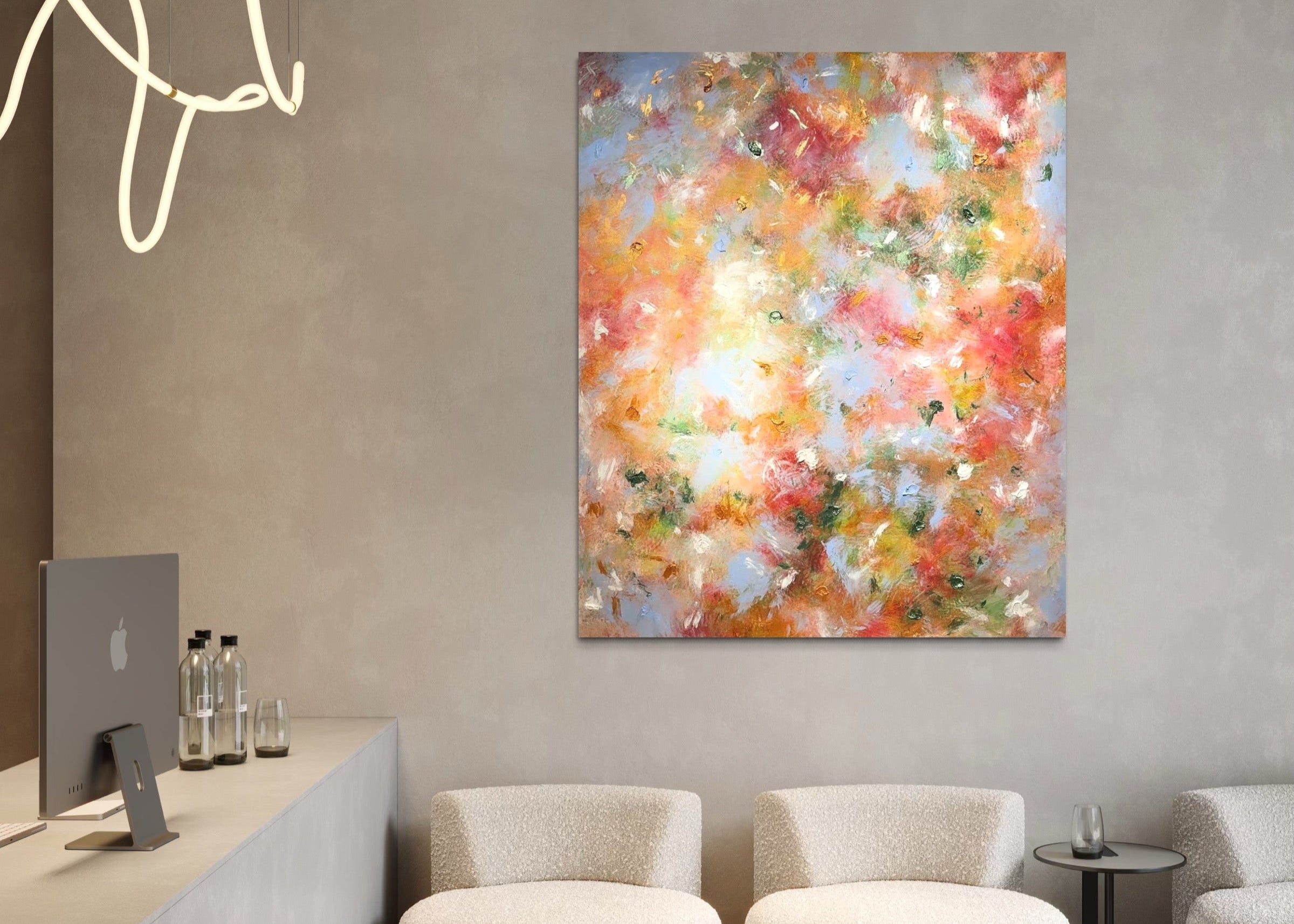 Modern interior with abstract painting, white chairs, and a gray wall.